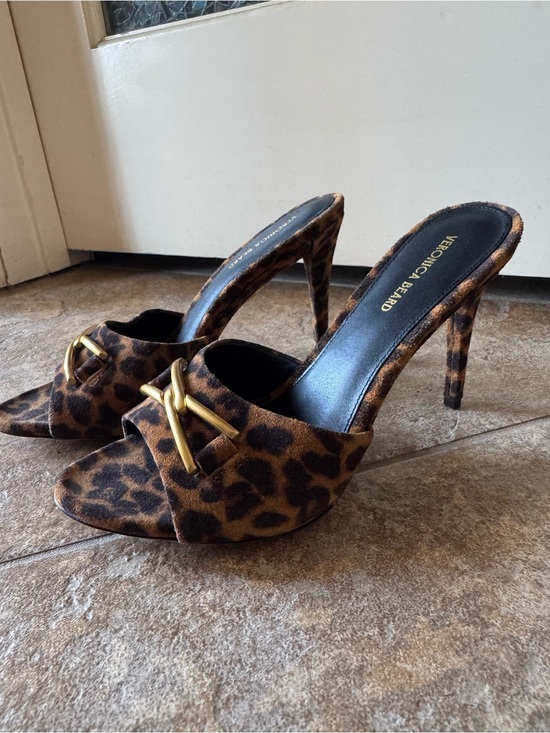 Veronica Beard Shoes - Veronica Beard Leopard-Print Suede Mule Heels with Gold Buckle